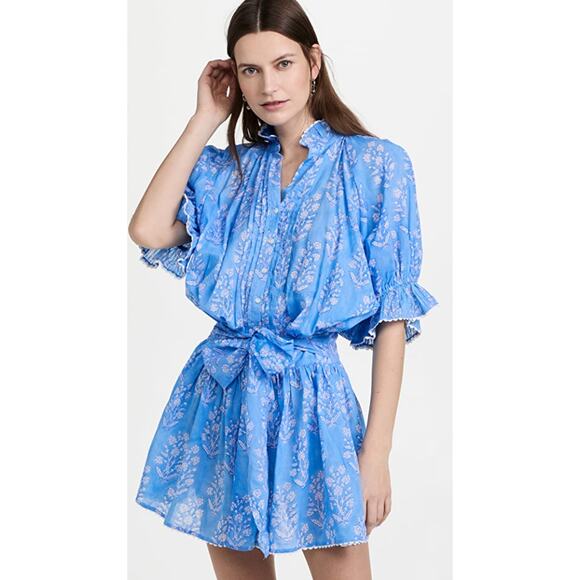 Juliet Dunn Blue Small Flower Block Print Blouson Mini Dress Cotton Tuckernuck S - Picture 1 of 11